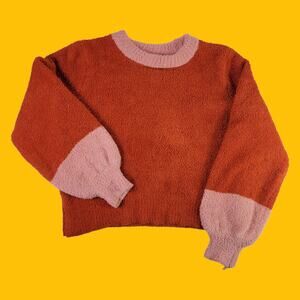 Lauren Conrad Teddy Sherpa Crewneck Sweater Orange Pink Colorblock, M